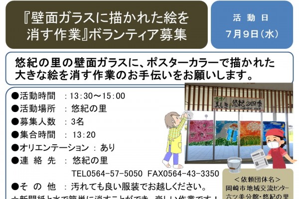 壁面ガラスに描かれた絵を消す作業」ボランティア募集