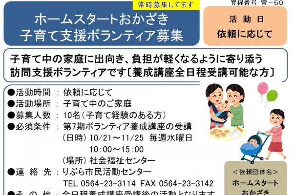 ホームスタートおかざき 子育て支援ボランティア募集≪常-50まちびとバンク≫